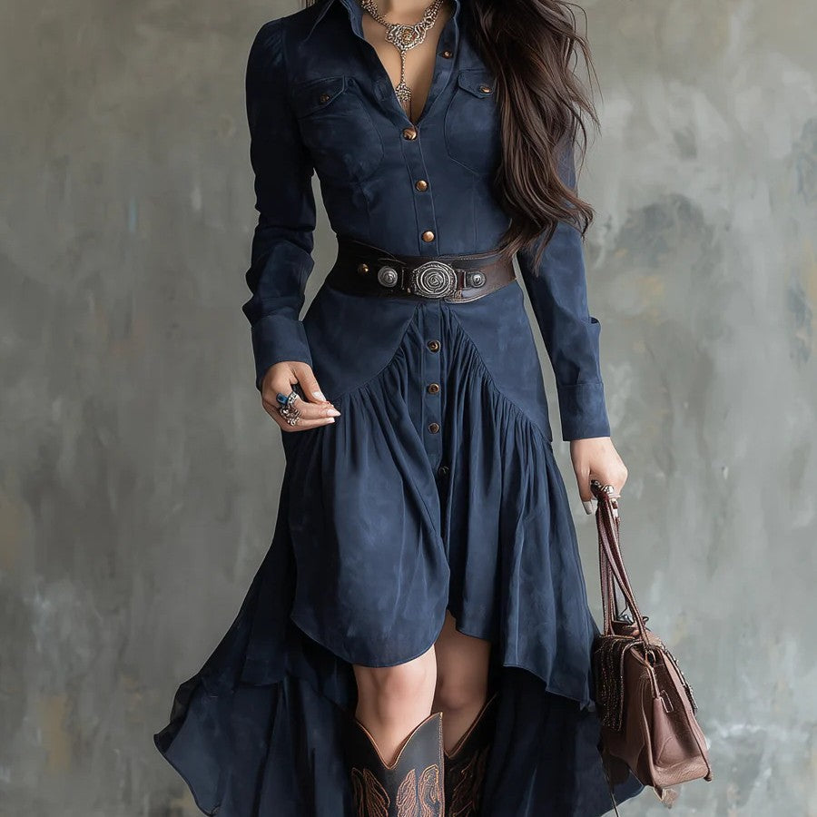 French Suede High-waisted Flare Cake Maxi Skirt With Belt