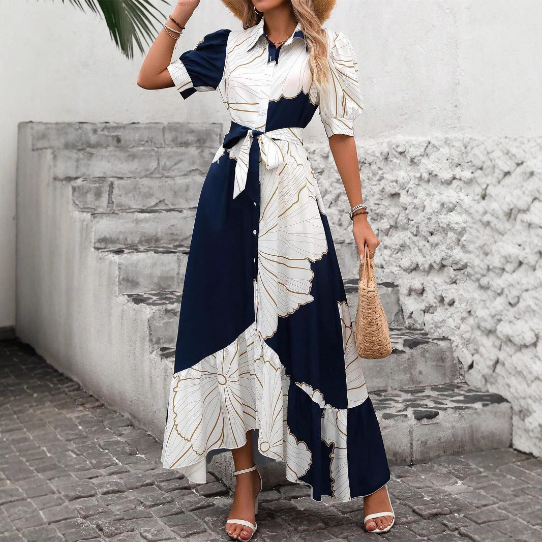 Women's Casual Printed Dress With A Turn-down Collar And Cinched Waist