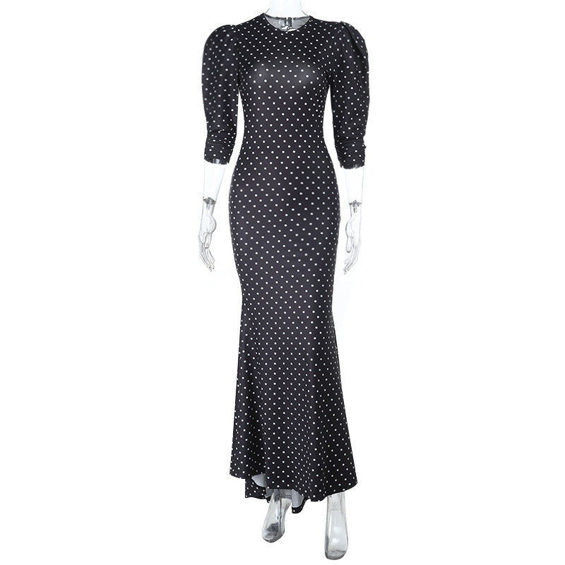 Round Neck Polka Dot Sexy Backless Long Sleeve Mermaid Dress For Women