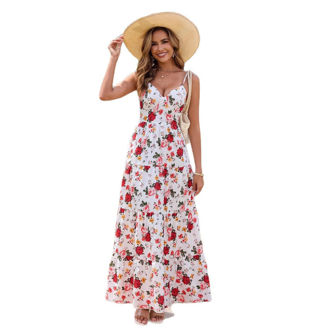Women's V-neck Slip Dress With Bow And Floral Print