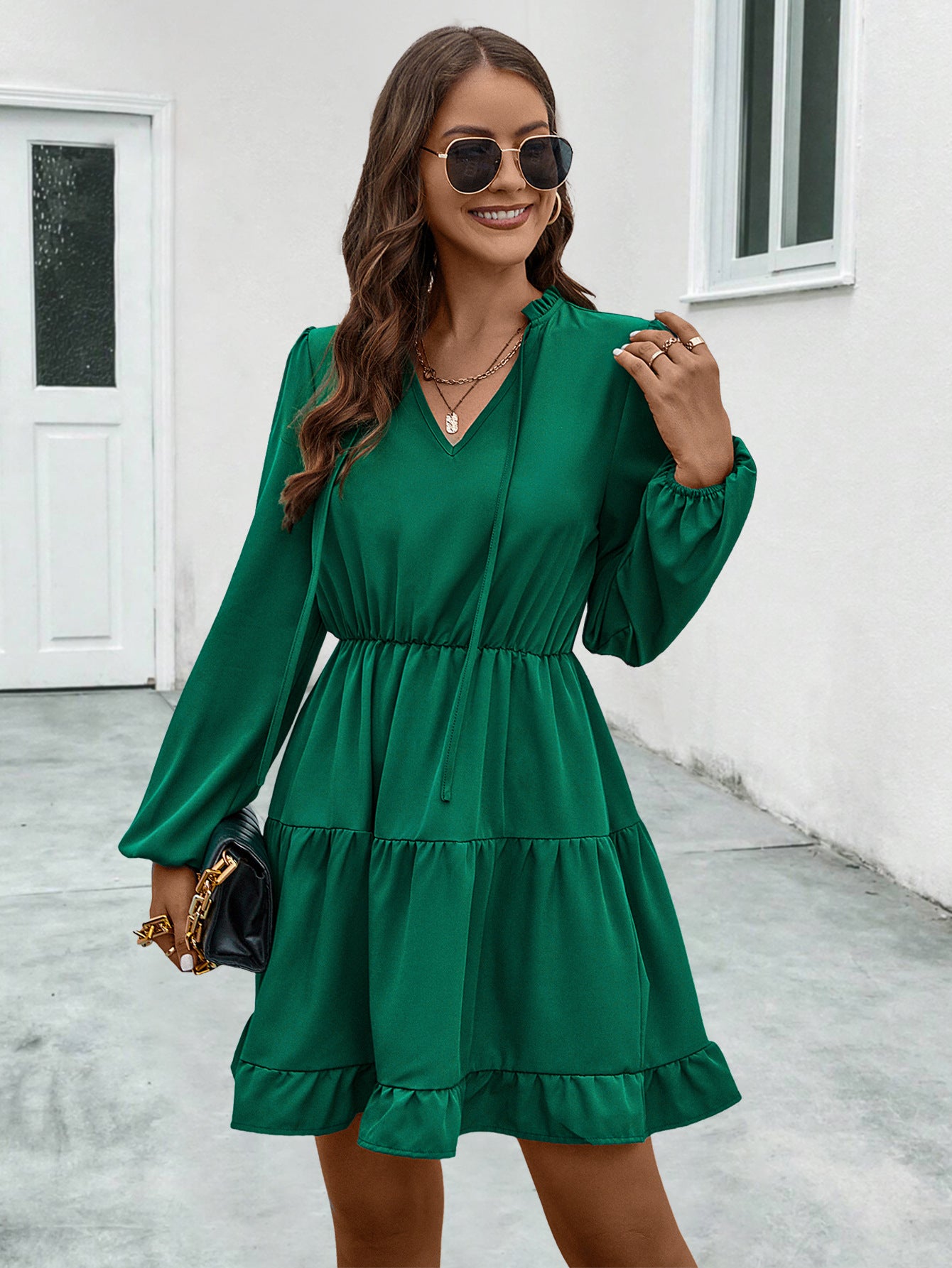 2025 FallWinter New Women's V-neck Lace-up Long-sleeve Dress