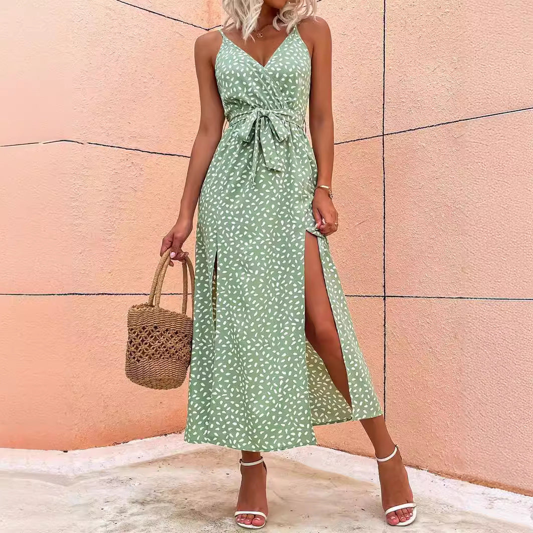 V-neck Suspender Floral Lace-up Dress Women's Long Skirt Beach Dress