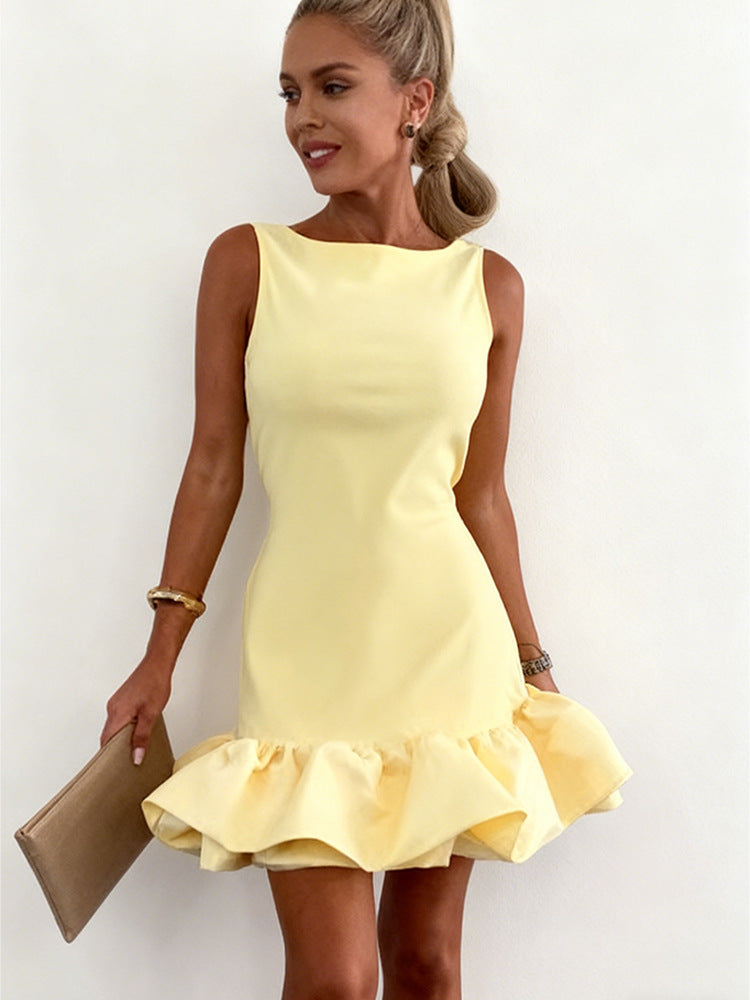 Sweet-style Ruffled-panel Bloomers Crew-neck Suspender Short Skirt