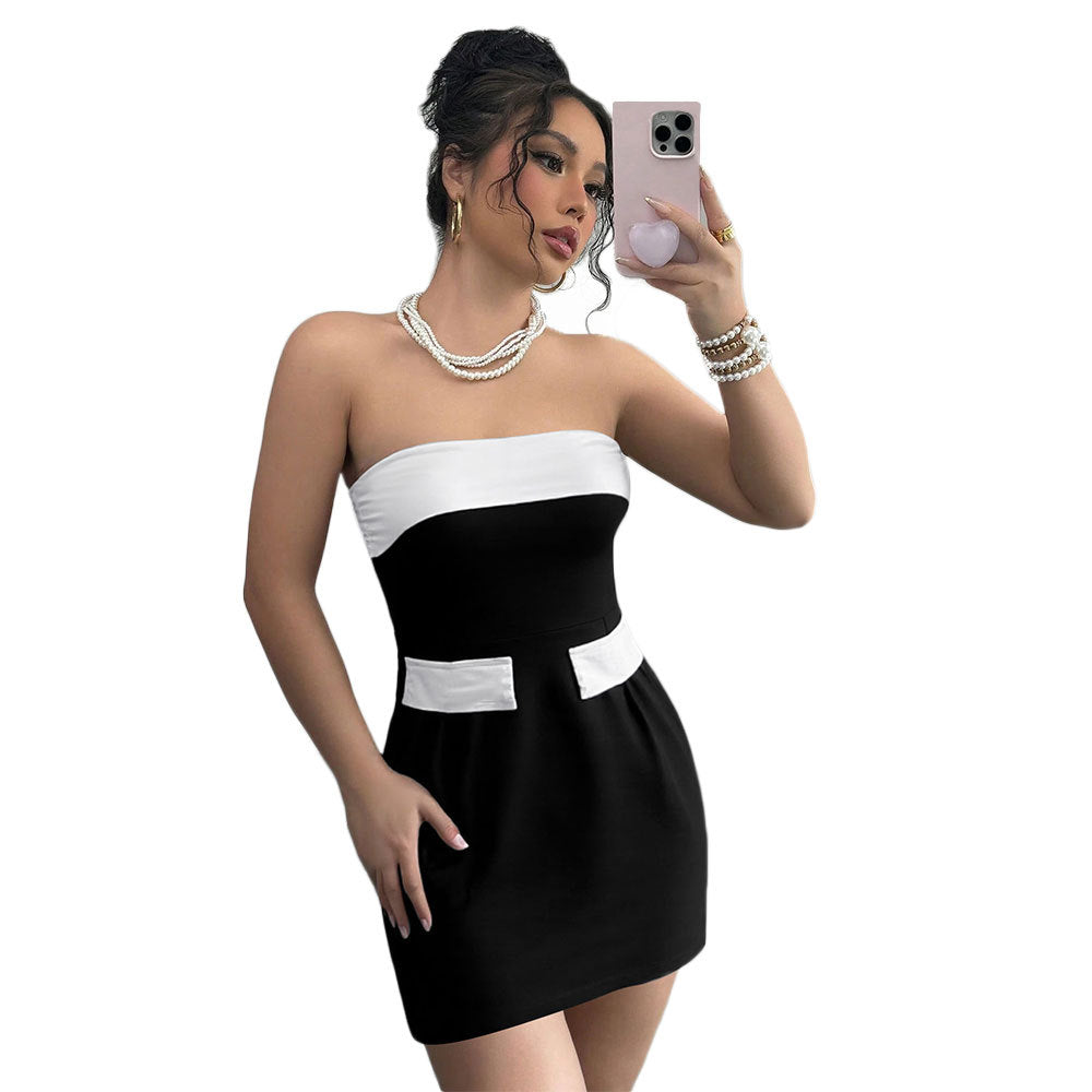 Sexy Socialite Style Dress Summer One-shoulder Bustier Color-blocked Mini Skirt
