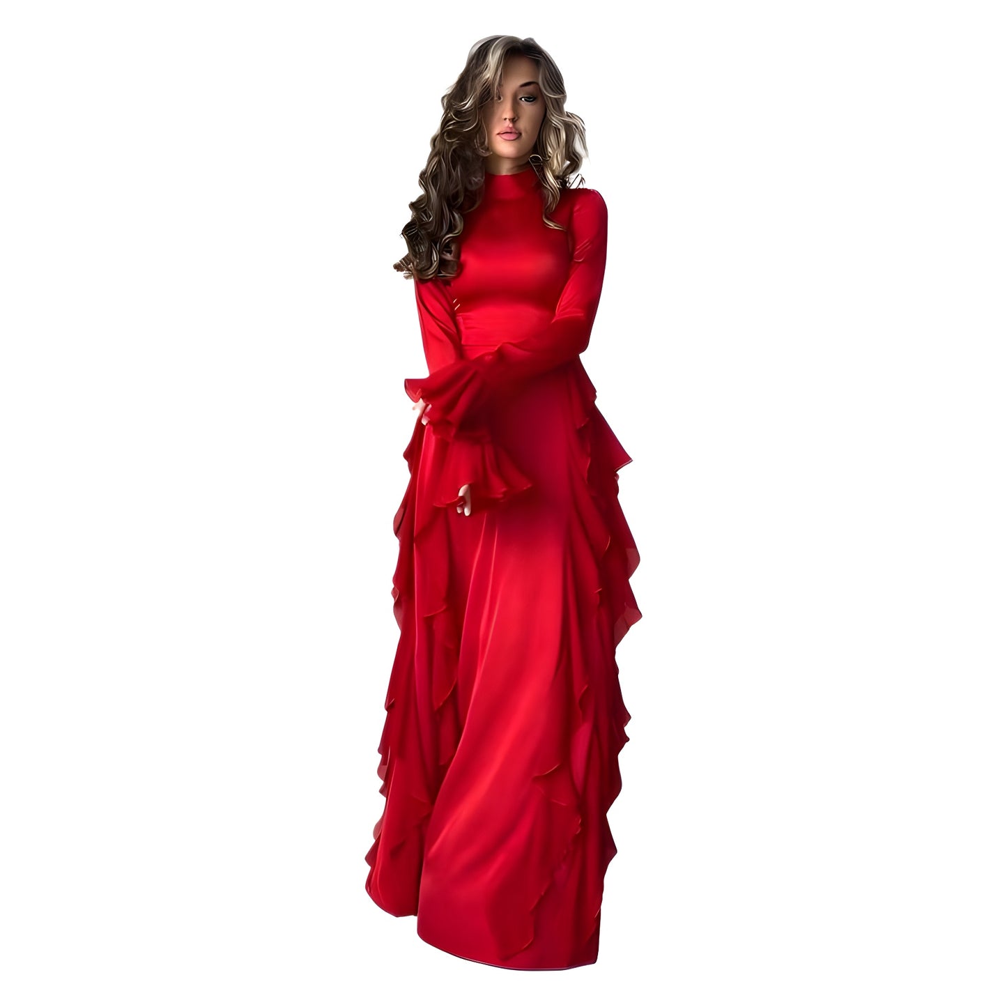 Round Neck Trumpet Sleeve High Waist Slim Dress