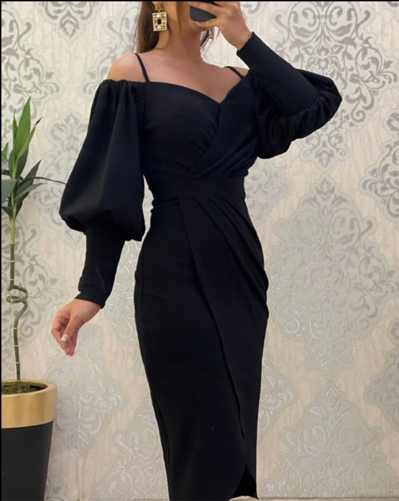 Women's Strapless Halter Neck Lantern-sleeve Waist Cinching Pleated Dress