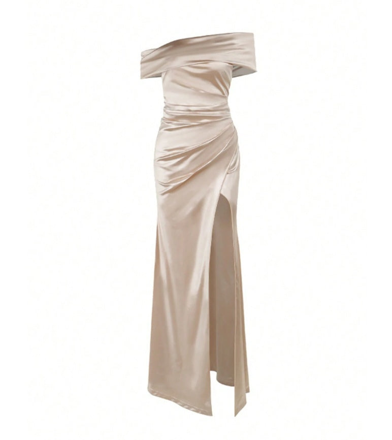Elegant Off Shoulder Satin Slit Dress, Extra Long Formal Gown, Christmas Party Dress