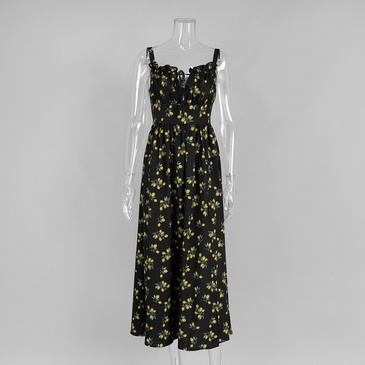 Low-collar Tie-waist High-waist Slit High-waist Printed Dress