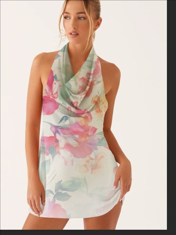 New Swing Collar Single Shoulder Crossbody Sexy Printed Dress