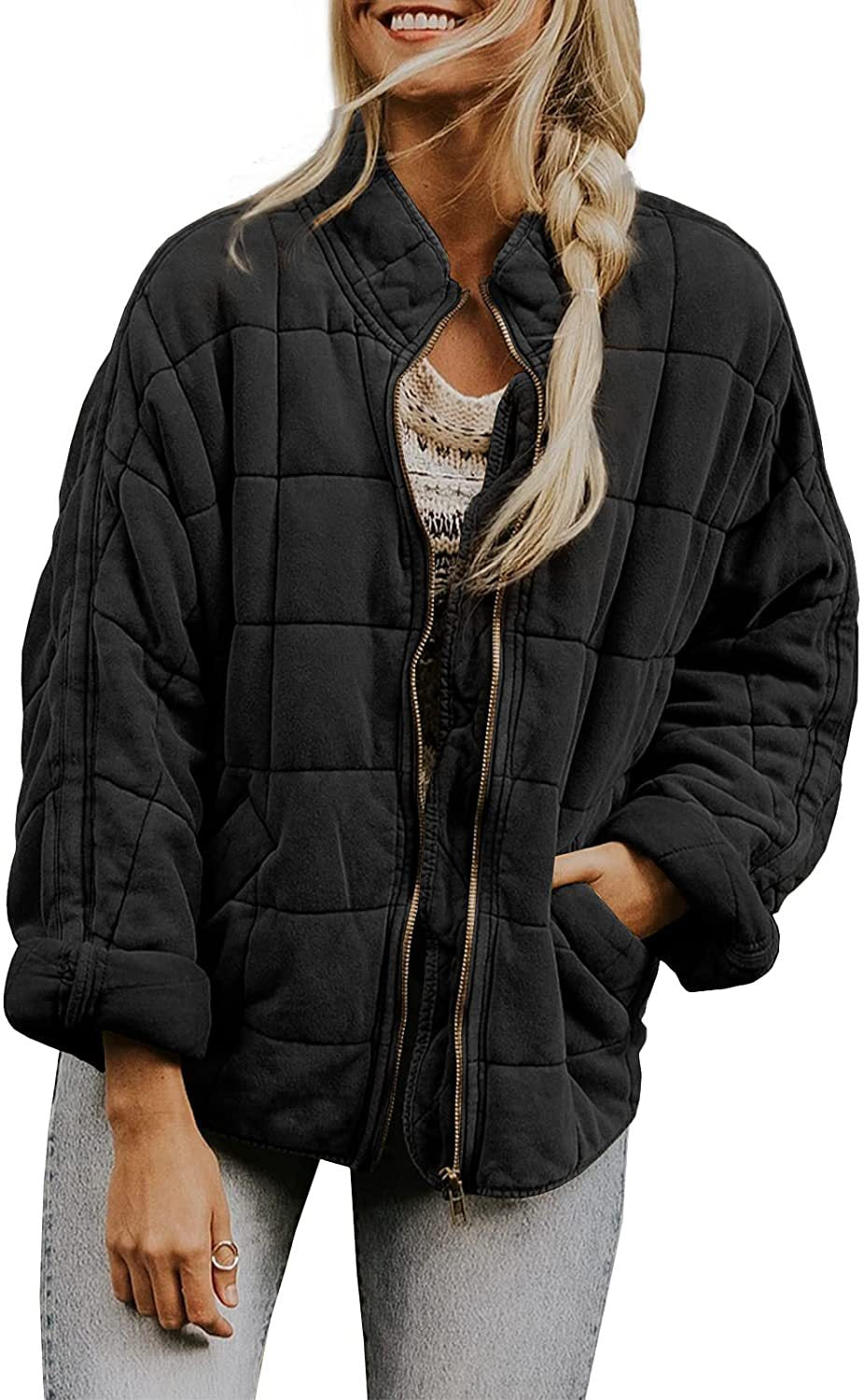 Winter Zip-up Stand Collar Coat With Pockets Fashion Solid Color Plaid Long Sleeved Jacket Women's Clothing