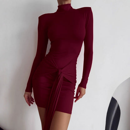 Spicy Girl Style High Neck Long Sleeve Hugging Waist Cinching Tie Front Hip Hugging Mini Dress