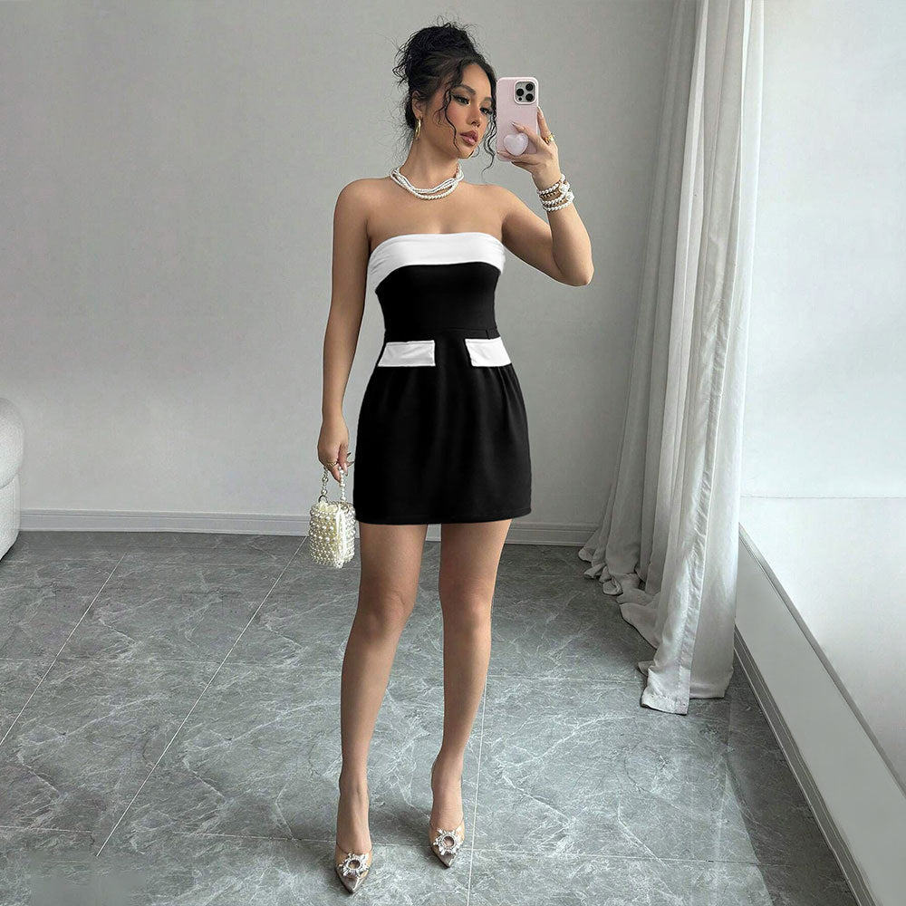 Sexy Socialite Style Dress Summer One-shoulder Bustier Color-blocked Mini Skirt