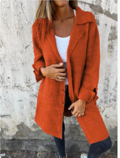 Lapel Single Breasted Cardigan With Pockets Fashion Color Solid Mid-Length Outwear Coat Womens Clothing