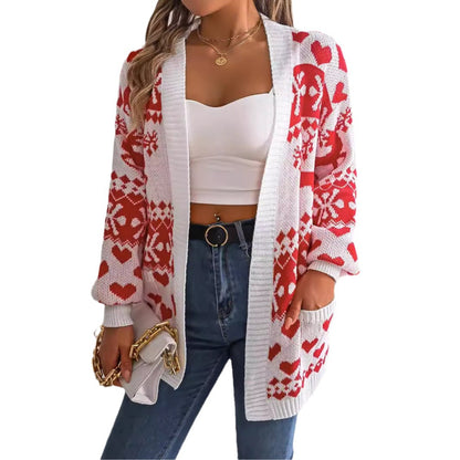 2025 Christmas Clothes Women's Open Front Cardigan Knitwear Lantern Sleeve Xmas Printed Oversized Deer Sweater Pockets Knitted