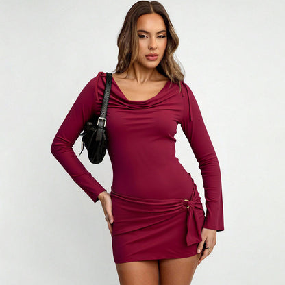 Sophisticated Mature-chic Design Wine-red Turtleneck Long-sleeve Figure-hugging Sheath Dress For Fall And Winter