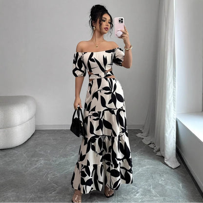Off-shoulder Sexy Hollow-out Dress Printed Bodycon Dress That Flatters Your Figure And Shows Off Your Waist