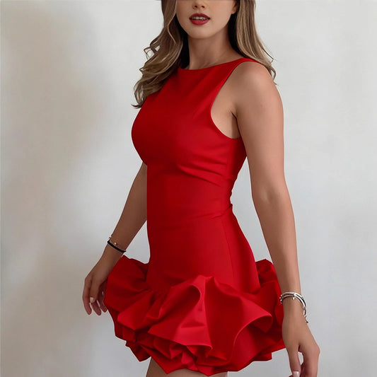 Sweet-style Ruffled-panel Bloomers Crew-neck Suspender Short Skirt