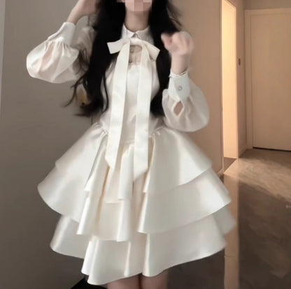 Plus Size French Style Bow Knot Mesh Patchwork Dress