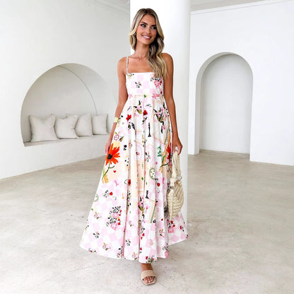 Women's Fashion Printed Backless Sling Large Swing High Waist Dress