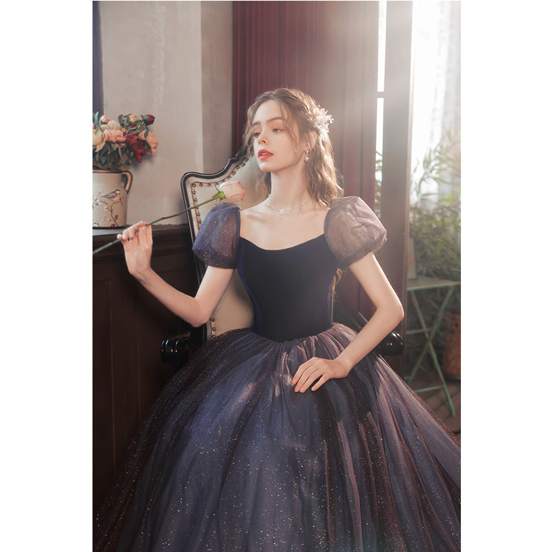 Blue Bubble Sleeve Dress Banquet Evening Dress Toast Dress