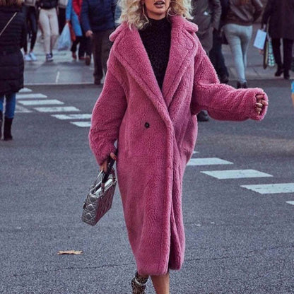 Lapel Lamb Fleece Coat With Pockets Faux Fur Coat Winter Warm Thickening Long Windbreaker Women's Clothing