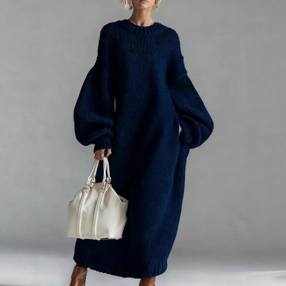 Crew-neck Loose-fit Lantern-sleeve Long Knit Sweater Dress