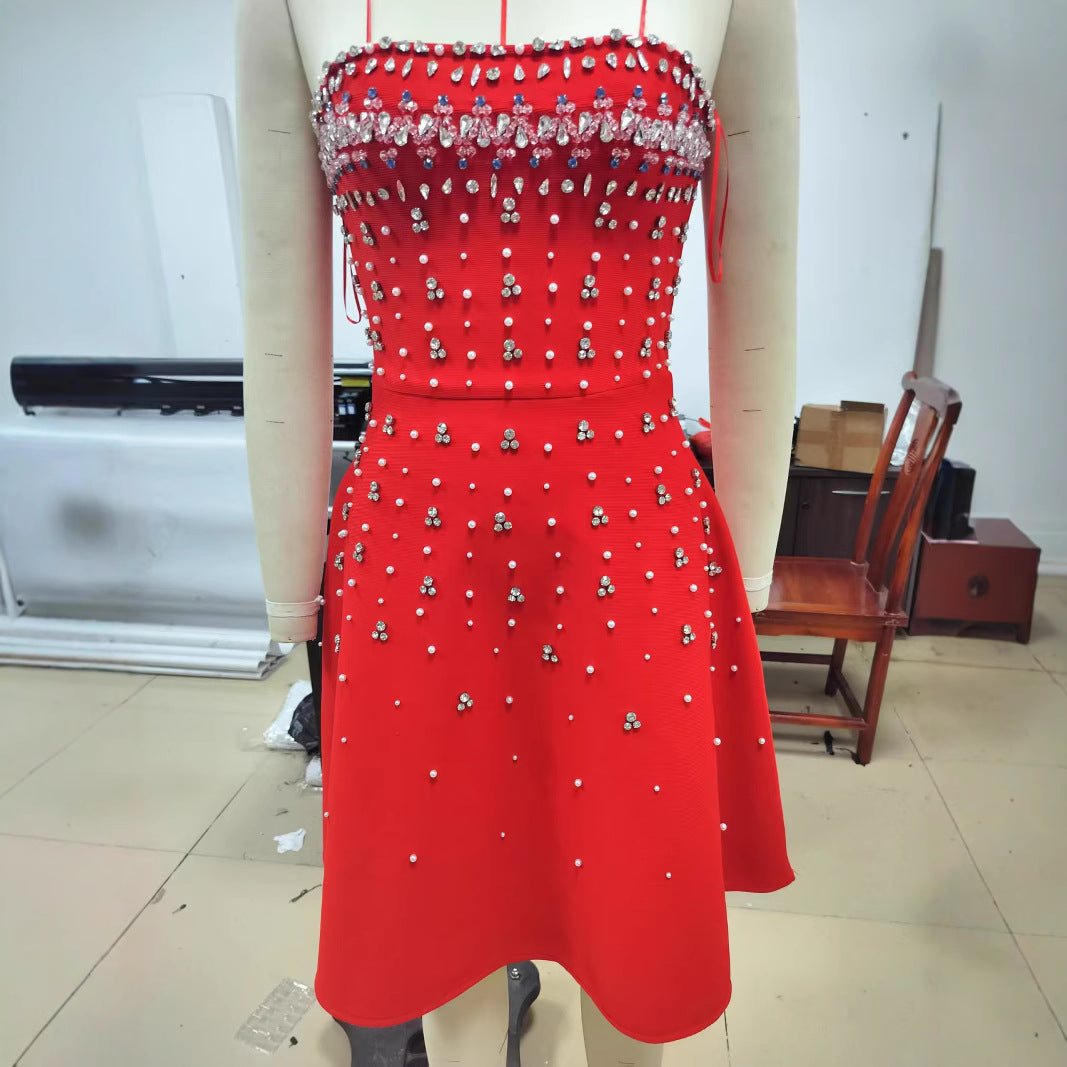 European And American Rhinestone Embellished Strapless Waist-cinching Bandage Dress For Fashionable Evening Banquets
