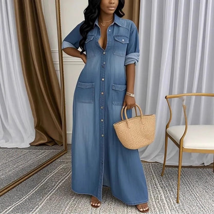 Lapel-collar Washed-and-stitched Patch-pocket Casual Dress