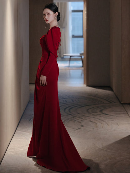 Fishtail Square Collar Long Sleeve Design Simple Satin Evening Dress