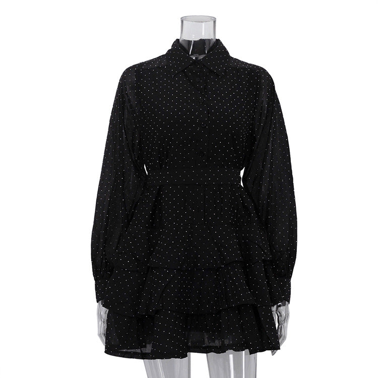 Fashionable Black A-line Dress With Diamond Embellishments, Lapel Collar, Long Sleeves, And High Waist