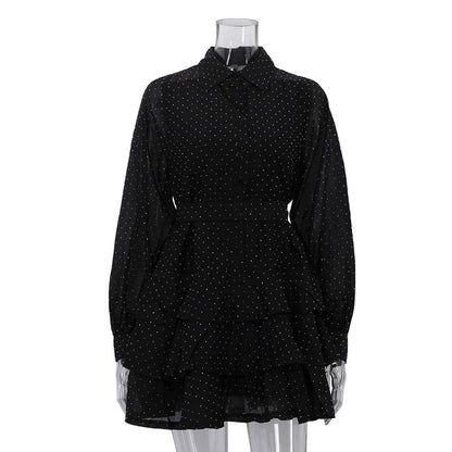Fashionable Black A-line Dress With Diamond Embellishments, Lapel Collar, Long Sleeves, And High Waist