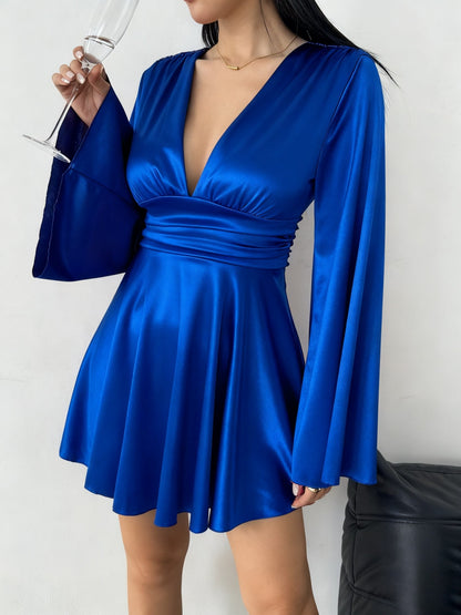 Women's Solid-Color V-Neck High-End Long-Sleeve Dress