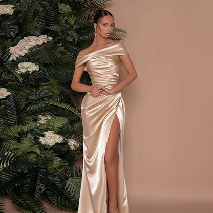 Elegant Off Shoulder Satin Slit Dress, Extra Long Formal Gown, Christmas Party Dress