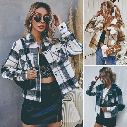 Single-breasted Woolen Plaid Short Coat Women