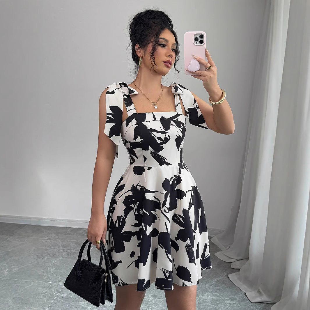 Fashion Ruffled Square Neck All-over Print Dress