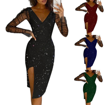 Hot-stone-embellished V-neck Sheath Mesh Dress For Women