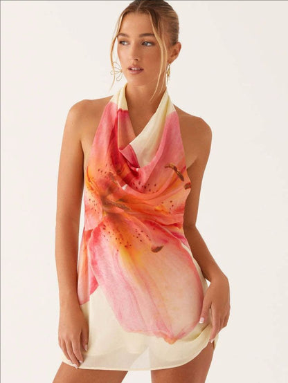 New Swing Collar Single Shoulder Crossbody Sexy Printed Dress