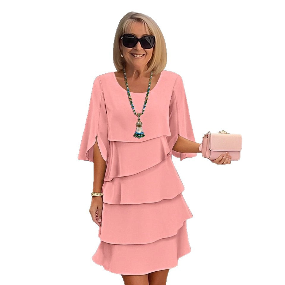 Round Neck Cake Skirt Spliced Dress Women's Clothing