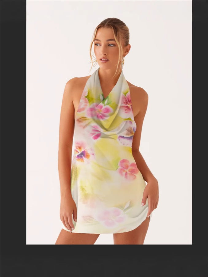 New Swing Collar Single Shoulder Crossbody Sexy Printed Dress