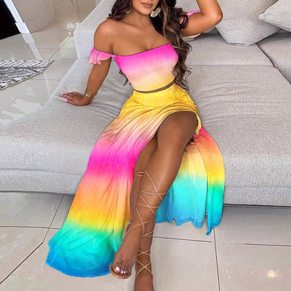 Summer Slim French Bohemian Print Mid-Length Retro Tube Top Suit Dress Women