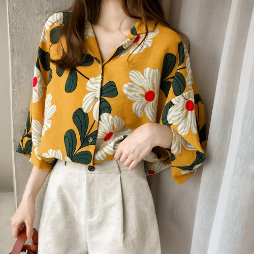 Loose Western Style Blouse Chiffon Sunscreen Shirt Retro Floral