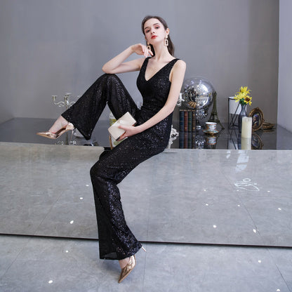 Fashionable Temperament Dress Waist Slim Jumpsuit Wide-leg Pants Ladies Party Annual Meeting Evening Dress