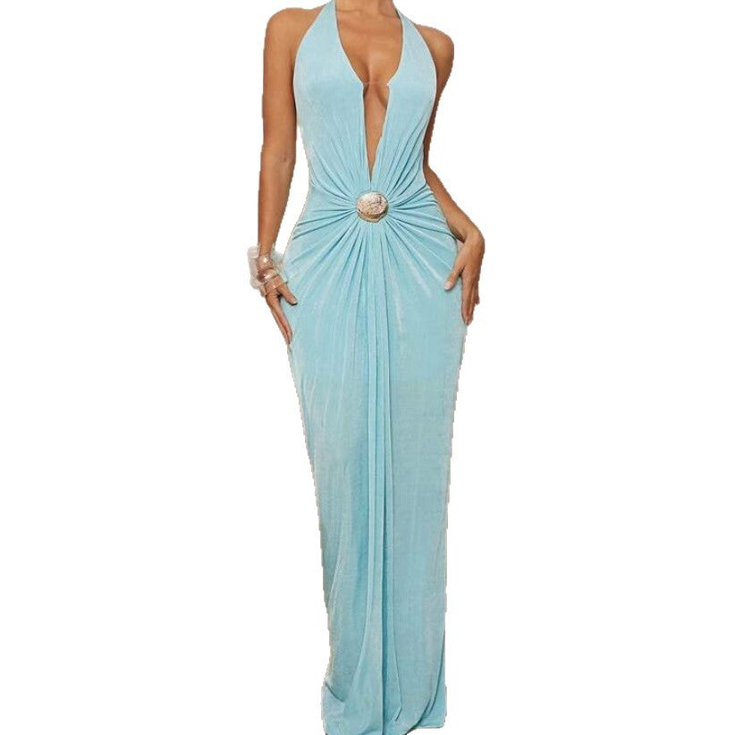 Deep V-neck Halter Dress With Open Back For Beach Vacations