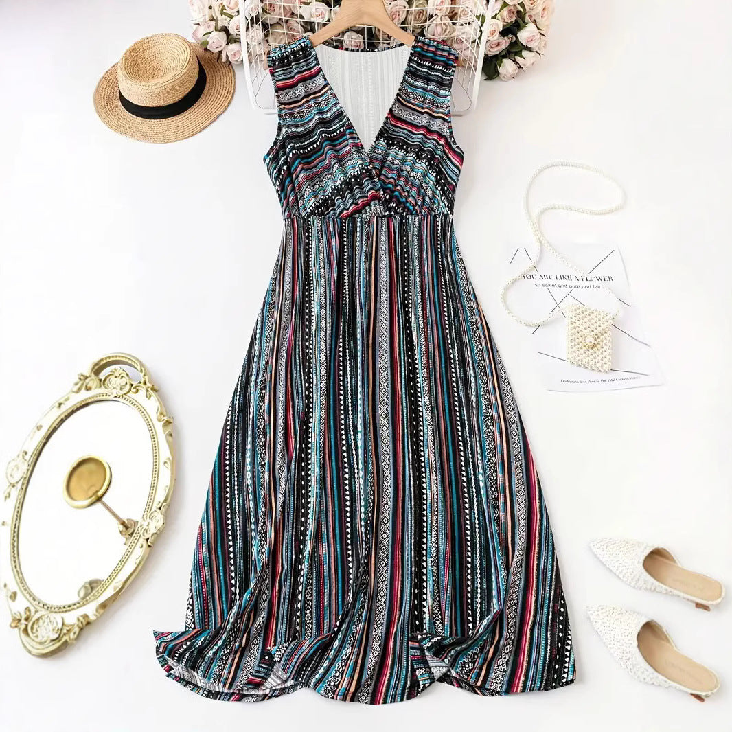 Striped Print V-neck Sleeveless Dress