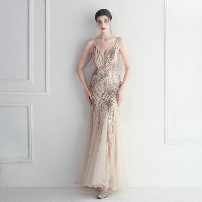 Mesh Beaded Dinner Long Camisole Evening Gown