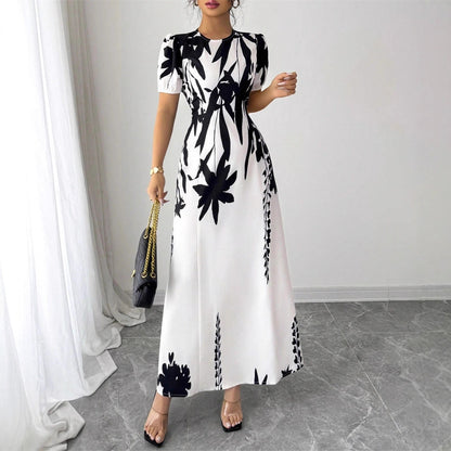 Women's Fashion Round Neck Printed Bubble Sleeve Long Dress