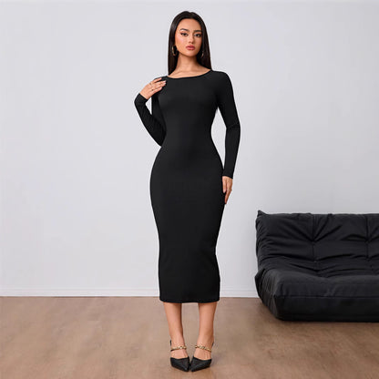 Women's Fashion Simple Dress Autumn Winter Sexy Backless Bodycon Midi Skirt