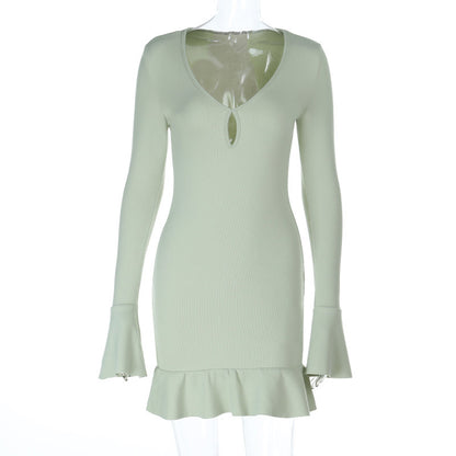 Women's Knitted Hollow-out Ruffled Long-sleeve Dress