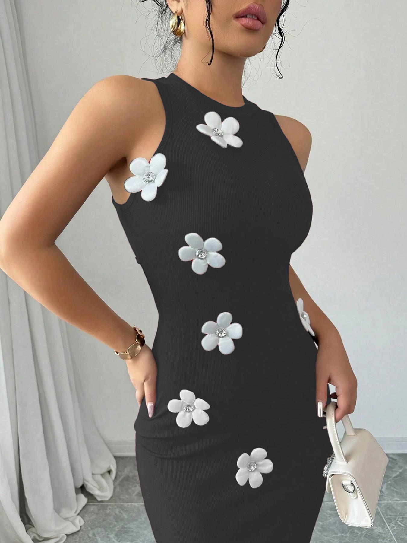Women's Slim-fit Sleeveless Fashionable Floral Round-neck Dress