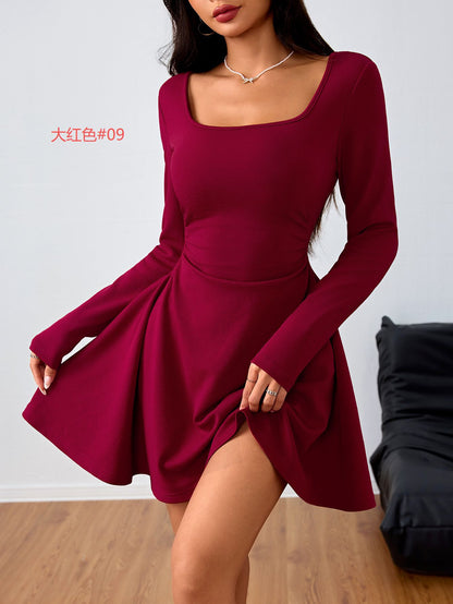 Elegant Square-neck Dress With A High-waisted Designer-style Wine-red Hue